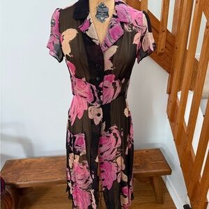 Betsey Johnson Black Sheer Midi Dress with Pink Floral Print